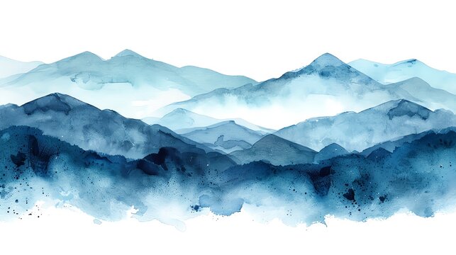 Blue watercolor mountain landscape.