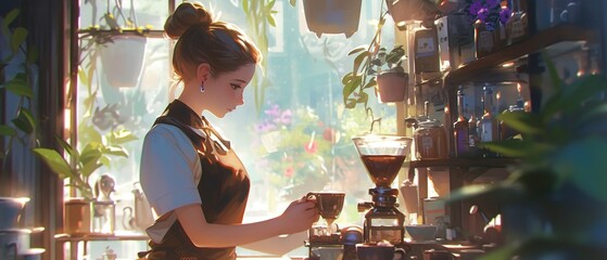 A barista offering a coffee tasting flight to a curious customer, showcasing the nuances of different brewing methods , 3D style - obrazy, fototapety, plakaty