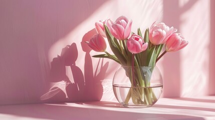 Tulips of pink hue in a clear vase