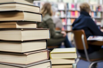 Fototapeta premium Towering Book Stacks in Library with Students