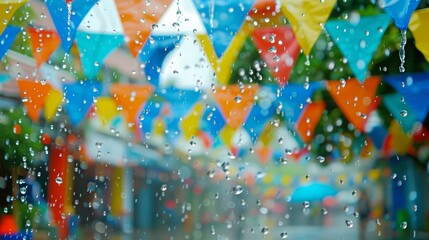 Fototapeta na wymiar Raindrops on Colorful Street Party Flags