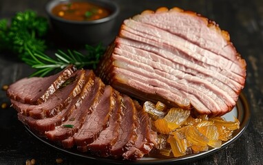 Sliced Honey Glazed Ham on Plate