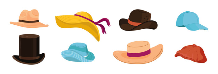 Summer hat collection vector. Cap, panama hat for women, men,