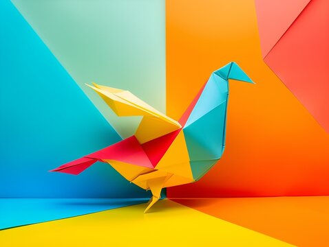 Abstract style, origami bird, colorful background, centered composition, studio lighting