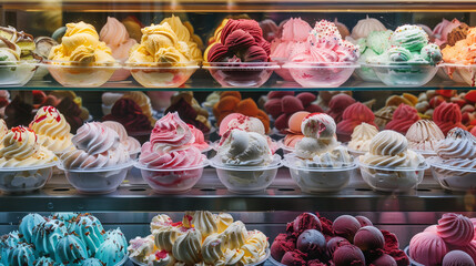 different assorted ice cream in display window of ice cream shop