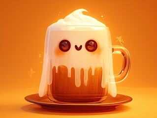 A Halloweenthemed latte art ghost with glowing white foam, playful chocolate eyes, and a spooky orange background , 3D style
