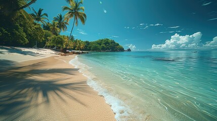 Tropical rainforest beach, clear blue water, coconut palms, sandy shore. Generative AI.
