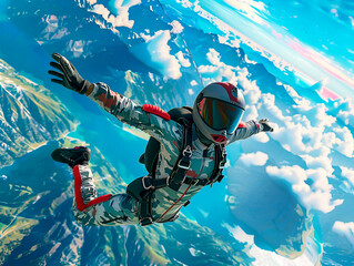 Sports style, skydiving, blue sky, action composition, natural lighting