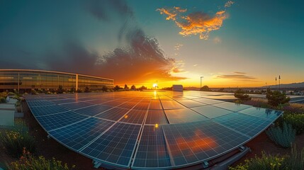 A panoramic view of a solar panel installation on the rooftop of a commercial complex, bathed in the golden hues of sunset. modern technology. Generative AI.