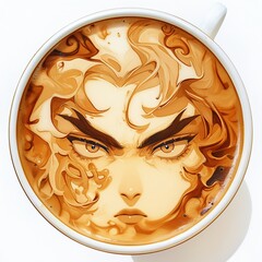 A photorealistic latte art portrait of a historical figure, using different food dyes for shading and detail , anime aesthetic - obrazy, fototapety, plakaty