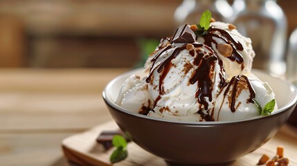 Ice cream with chocolate sauce on desk