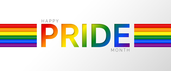 Happy pride month rainbow typography banner template, Logo LGBT, LGBTQ, LGBTQIA text with colorful rainbow flag Striped. Symbol of pride month june support. LGBTQ+ parade annual summer event.