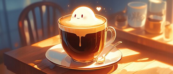 A spooky Halloween latte art ghost with glowing white foam and playful chocolate syrup eyes , anime aesthetic - obrazy, fototapety, plakaty