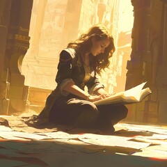Captivating Scene of a Female Archeologist Engrossed in Studying an Ancient Codex Within a Historical Ruin - obrazy, fototapety, plakaty