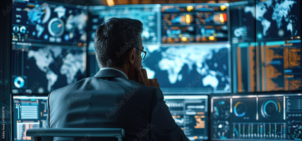 Aufkleber Cybersecurity Expert in action, an intense scene showing a professional at a multi-monitor station, screens filled with data encryption and threat monitoring. Generative AI.
