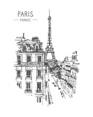Sketch Art Architecture Draw Vector Illustration. Travel sketch of Eiffel tower. Liner sketches architecture of Paris, Paris France. Freehand drawing. Sketchy line art drawing with a pen on paper.