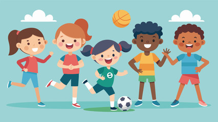 A group of children learning the fundamentals of different sports such as basketball and soccer in a fun and interactive fitness class designed