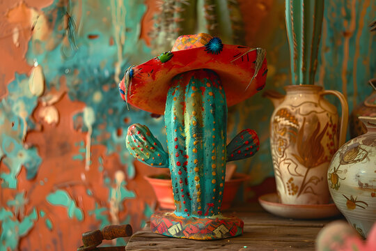 a cactus and mexican hats with red and blue, in the style of dark orange and light green