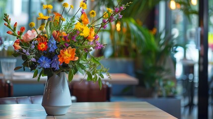 Restaurant decoration flowersin vase on table full view