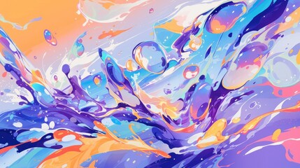 An abstract painting showcasing 2D illustrations of vibrant cartoon water droplets in liquid form