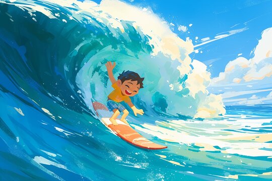 Happy baby Boy surfer cool summer. Boy ride surfboard on big wave. funny child illustration. Tropical sea surf sport kids anime style