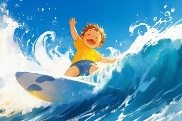 Happy baby Boy surfer cool summer. Boy ride surfboard on big wave. funny child illustration. Tropical sea surf sport kids anime style - obrazy, fototapety, plakaty