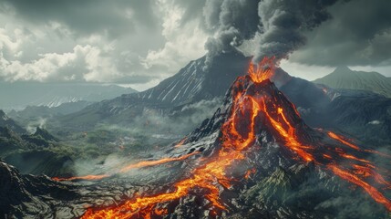 Erupting volcano with flowing lava and billowing smoke against a mountainous landscape. Created with Generative AI.