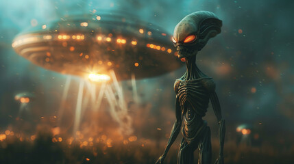 Alien standing in front of UFO spaceship - obrazy, fototapety, plakaty