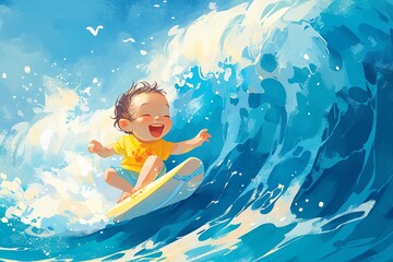 Happy baby Boy surfer cool summer. Boy ride surfboard on big wave. funny child illustration. Tropical sea surf sport kids anime style - obrazy, fototapety, plakaty