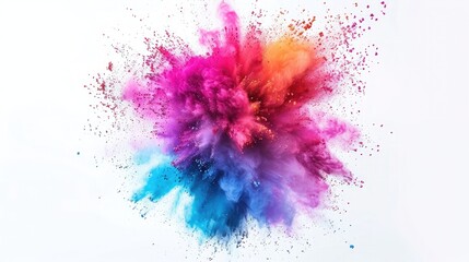 Multi colour powder explosion on white background. Launched colourful dust particles splashing,  color powder explosion with rainbow on isolated white background, burst of vibrant colors. 