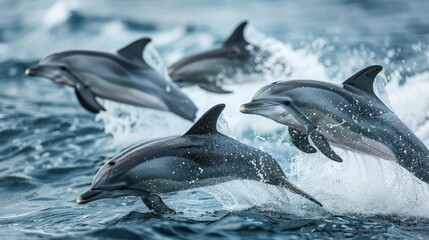 A pod of dolphins leaps gracefully from ocean waves. Created with Generative AI.