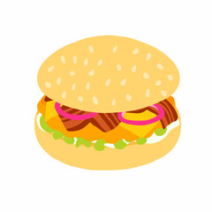Burger with chicken cutlet, lettuce leaf, sauce, bacon, cheese, onion. Flat icon in cartoon style. Vector illustration isolated on white background. For menu, poster, infographic, restaurant.