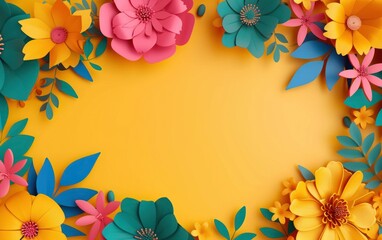 Colorful Paper Flowers on Yellow Background