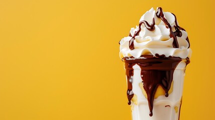 Vanilla sundae with chocolate sauce isolated on a yellow background