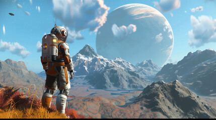 illustration of astronaut in space suit and helmet exploring alien exo planet standing on hill with moon mountain