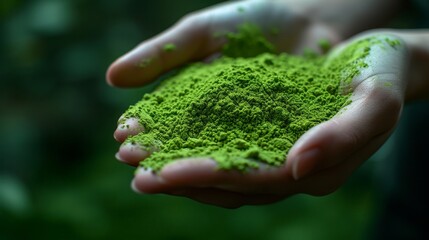 Naklejka na ściany i meble Organic matcha powder in hands against green background, natural and healthy superfood ingredient concept