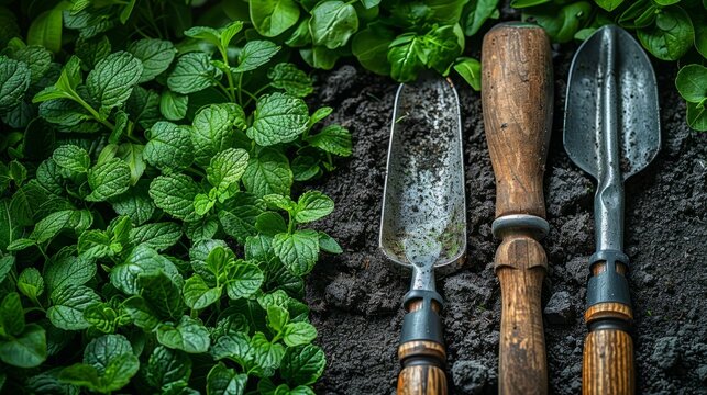 Garden trowels rest on soil beside fresh mint leaves, symbolizing organic gardening and plant care. Created with Generative AI.