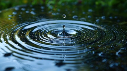 Water droplet captured mid-air above a serene pond with concentric ripples. Created with Generative AI.