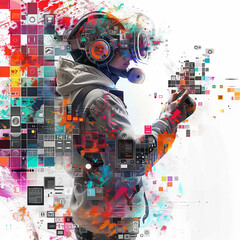 Colorful digital art of a futuristic figure holding a smartphone.