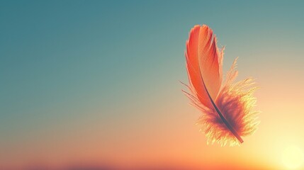 A delicate feather floats against a serene sunset sky, illuminated by a soft golden glow. Created with Generative AI. - obrazy, fototapety, plakaty