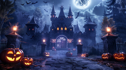Fototapeta na wymiar 3d illustration of creepy haunted Halloween castle with scary glowing jack-o-lantern pumpkin