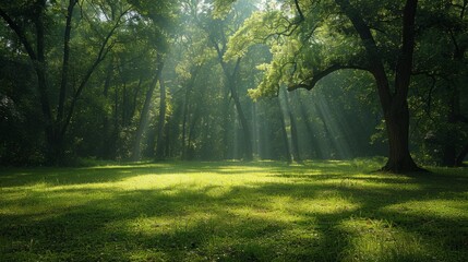 Sunbeams piercing through the trees in a verdant, peaceful forest clearing. Created with Generative AI.