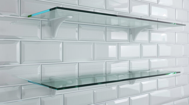 Modern white subway tile wall with glass shelves.