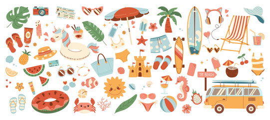 Big set of Summer sticker. Icons, signs, banners. Bright summertime poster. Collection elements for summer holiday and scrapbooking elements for beach party.
