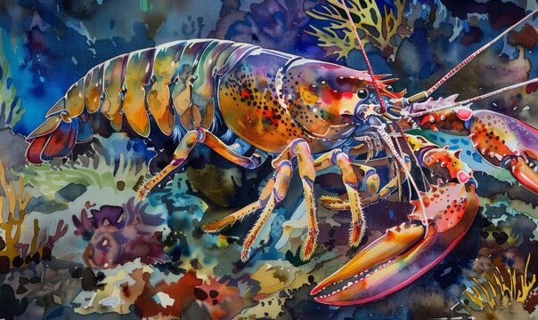 An imaginary lobster living underwater in the sea. Watercolor painting. Use for wallpaper, posters, postcards, brochures.