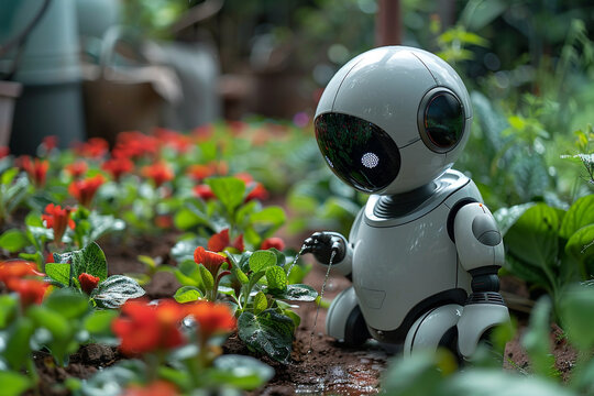 Robot watering flowers in the garden