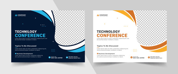 Corporate horizontal business conference flyer template. Technology conference social media banner layout, live webinar event invitation banner