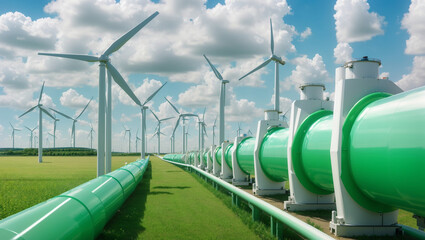 Green pipes and windmills in a grassy field

