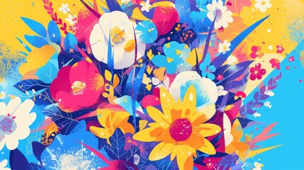 A vibrant 2d illustration featuring flower designs and colorful spots