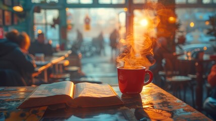 Cozy coffee shop scene with a steaming cup on a table and an open book in warm lighting. Created with Generative AI.